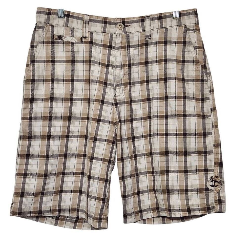 Split men's plaid shorts brown tan cream zip flat front size 33 waist